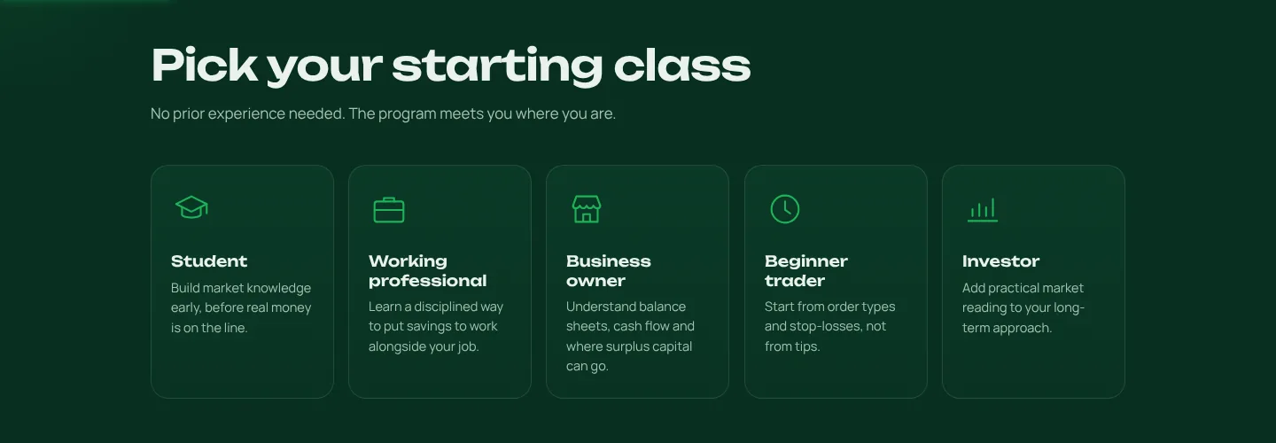 AK Trade Orbit pick-your-starting-class selector for students, professionals and traders