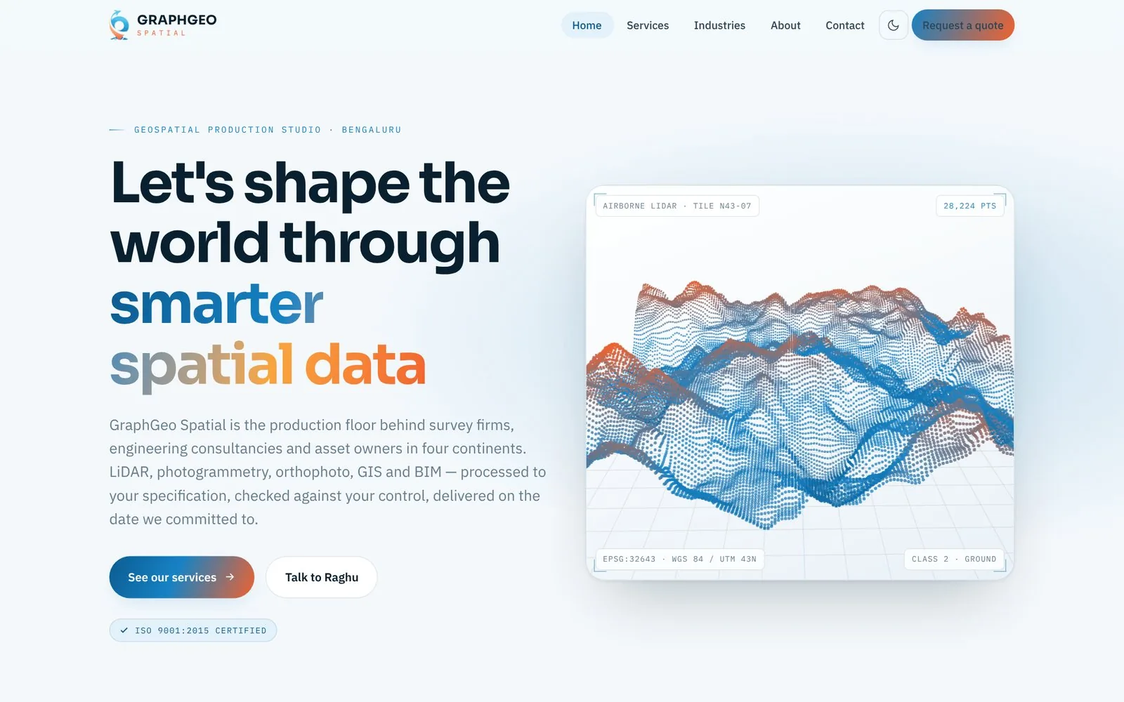 GraphGeo Spatial website with 3D terrain point-cloud hero
