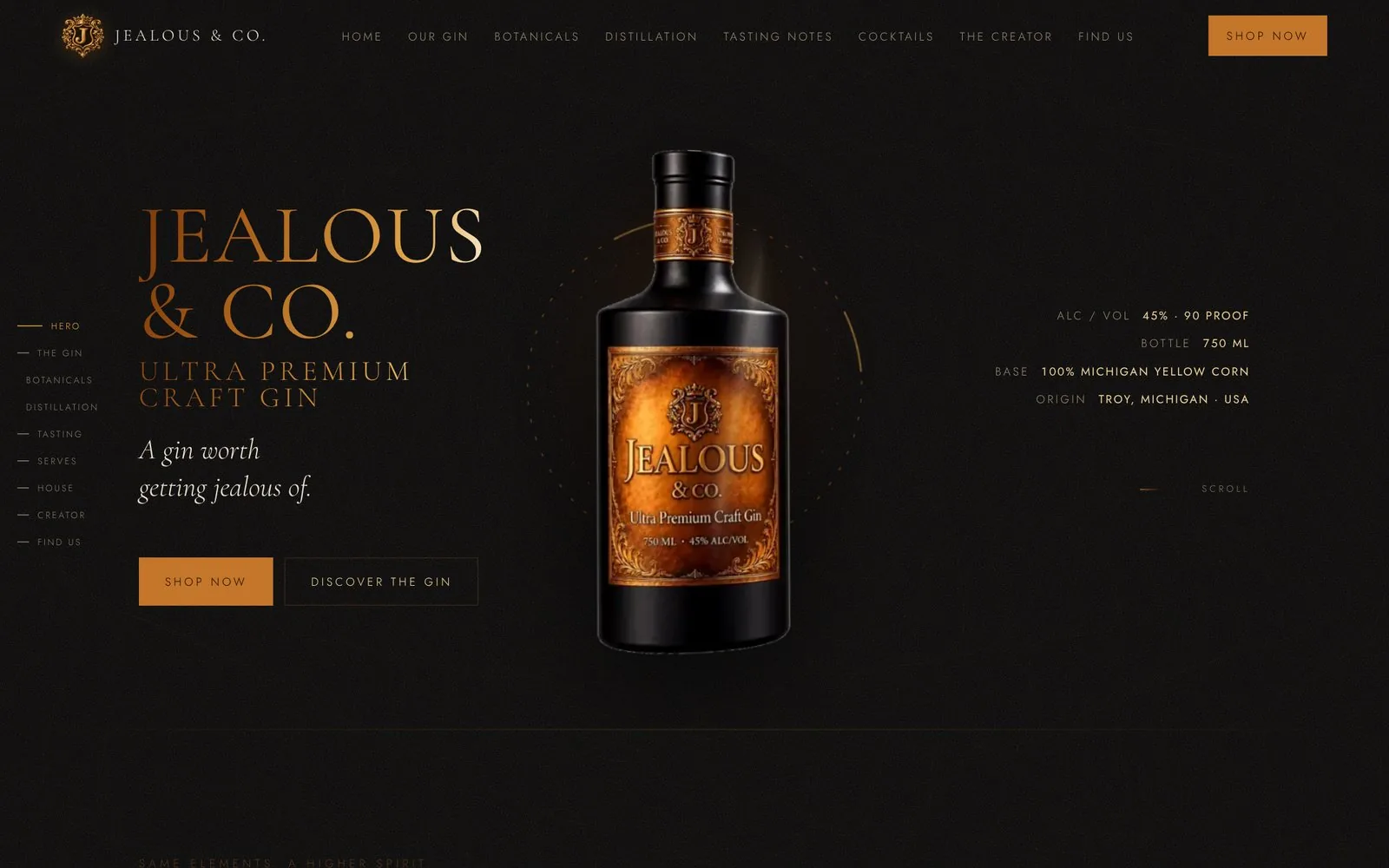 Jealous & Co. craft gin website hero with bottle on dark gold background