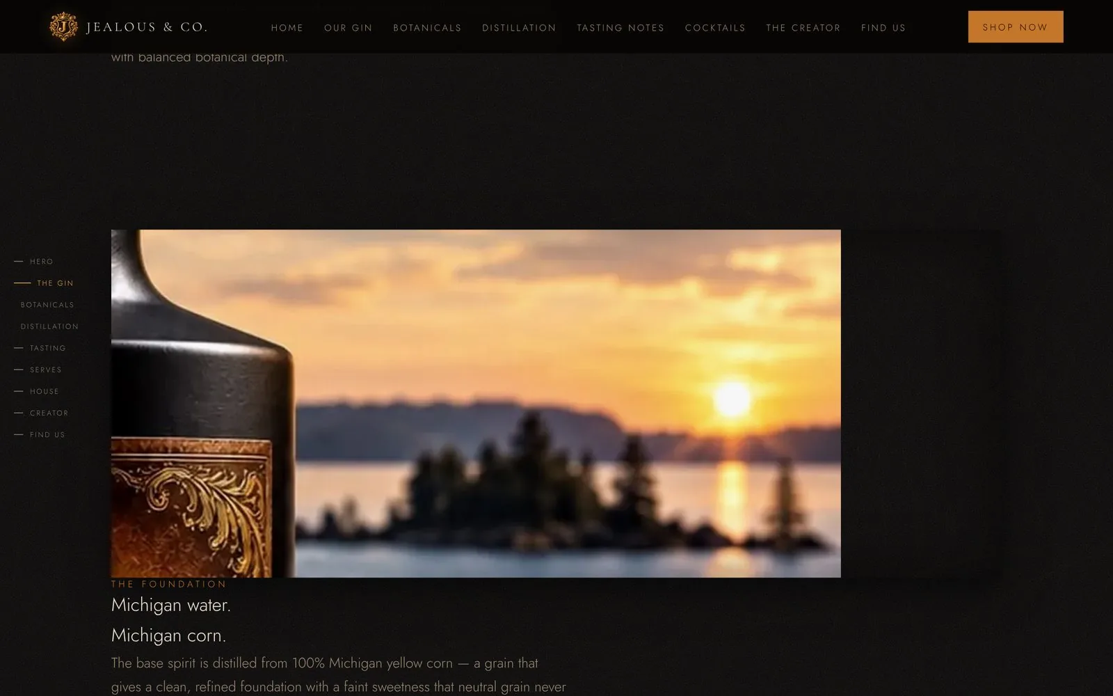 Jealous & Co. brand story section showing Michigan water and corn