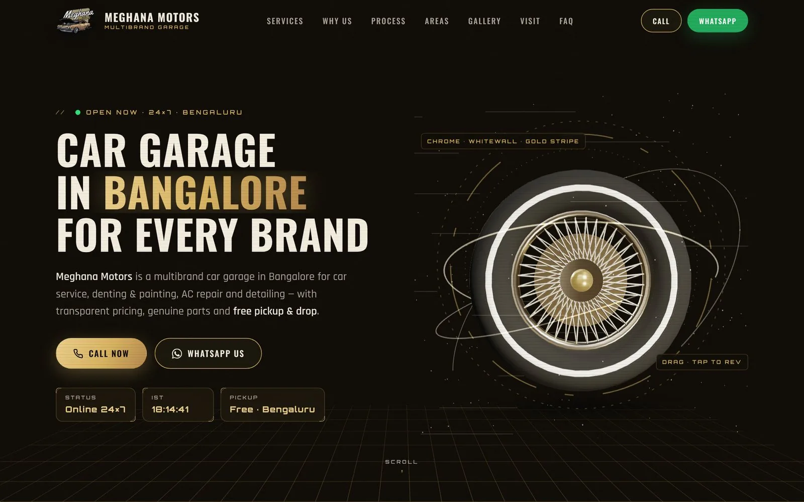 Meghana Motors car garage website Bangalore with alloy wheel hero