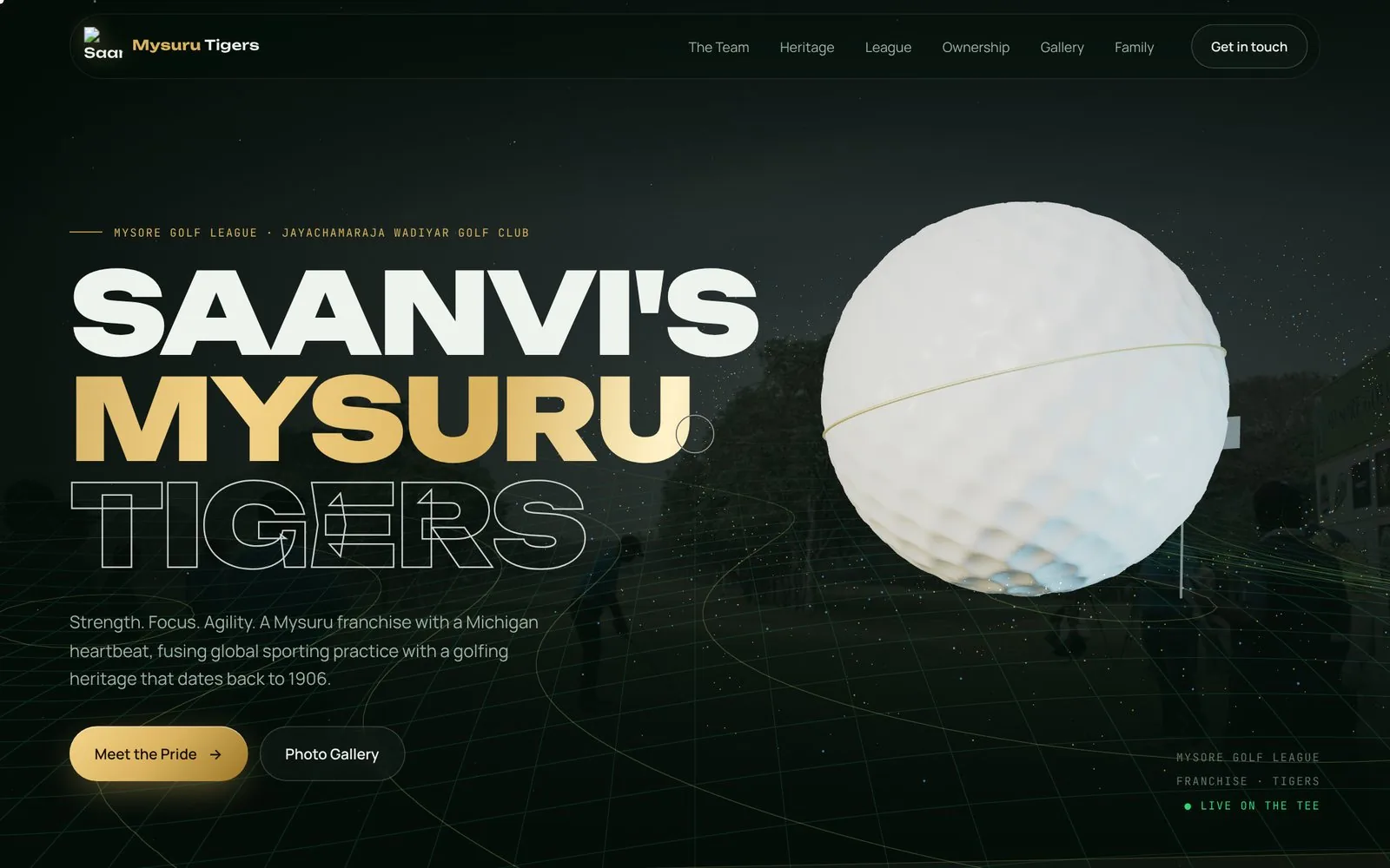 Mysuru Tigers golf franchise website with 3D golf ball hero