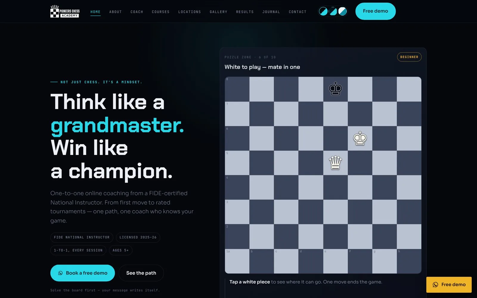 Pioneers Chess Academy website with playable mate-in-one puzzle