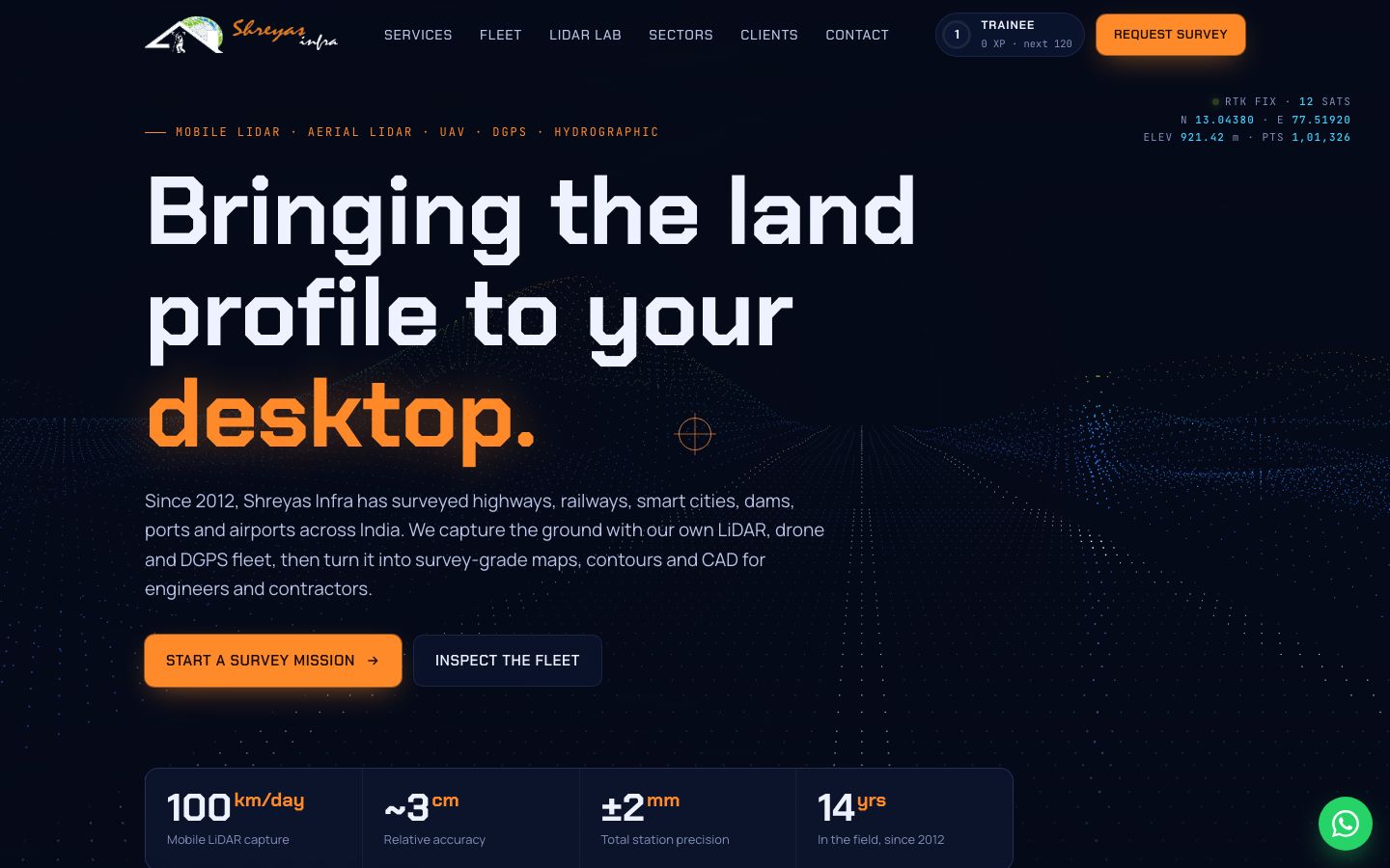 Shreyas Infra survey website with live LiDAR point-cloud hero