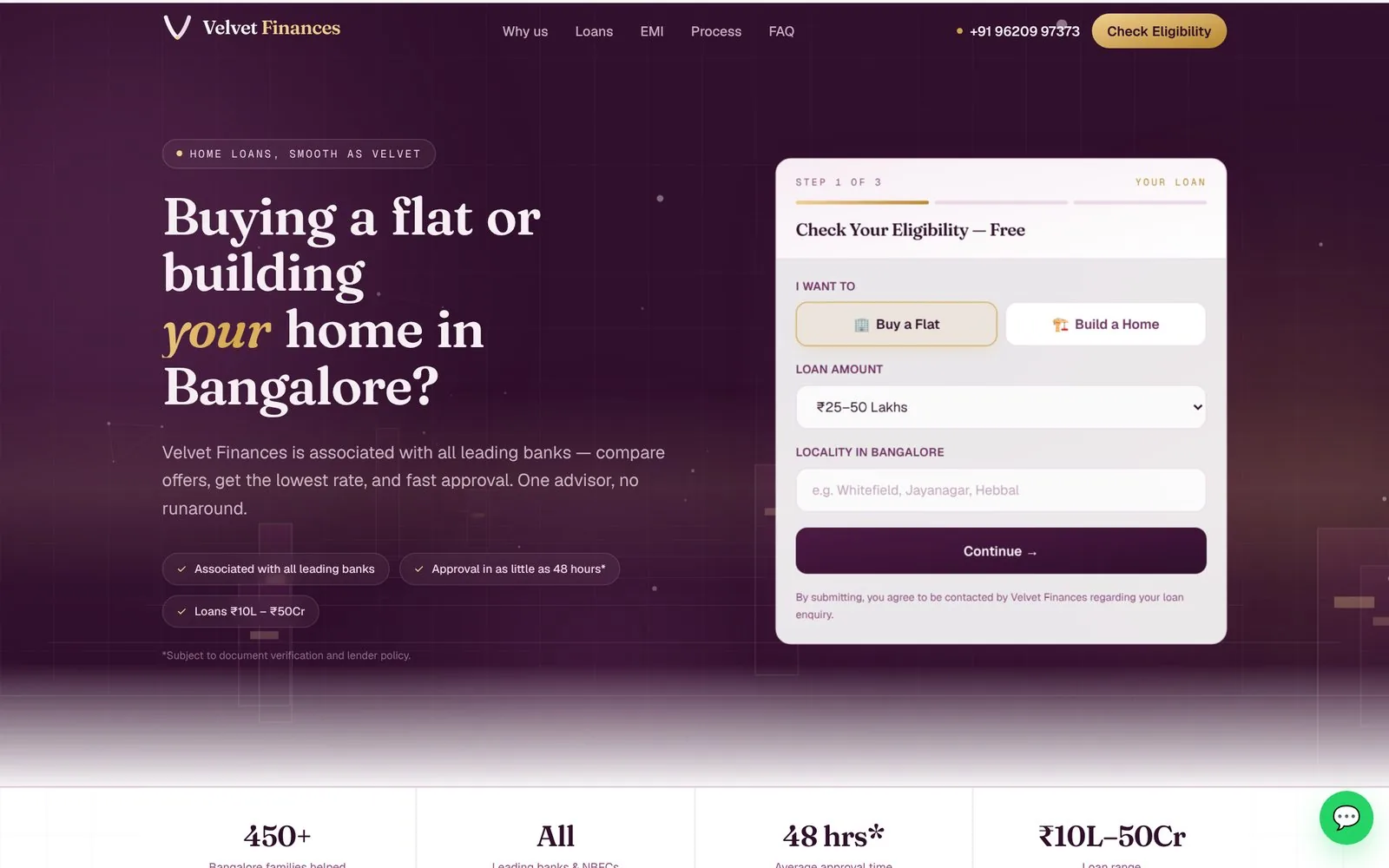 Velvet Finances home loan website with eligibility checker